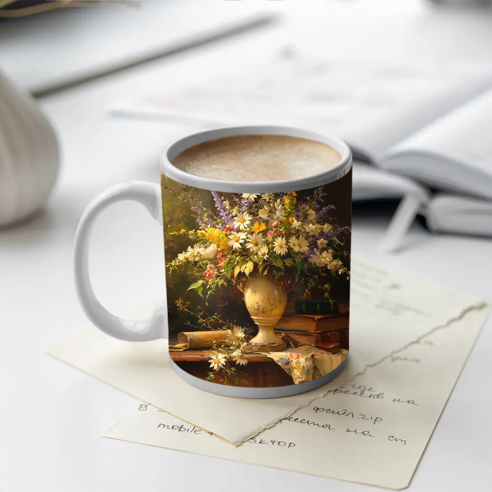 Classic Still Life Daisies Lavender Floral Painting – Mugs