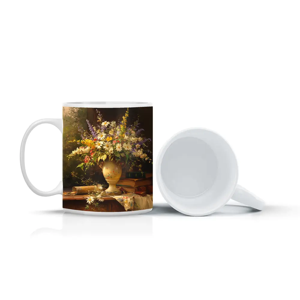 Classic Still Life Daisies Lavender Floral Painting – Mugs