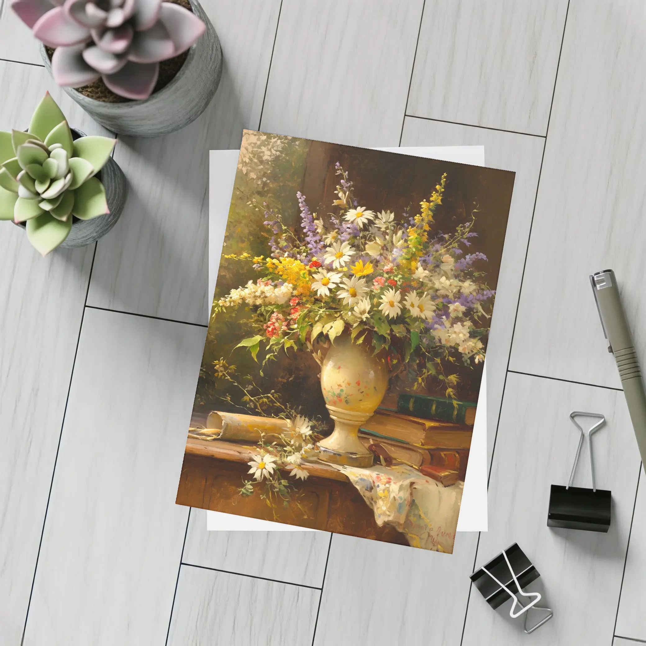 Classic Still Life Daisies Lavender Floral Painting – Postcards
