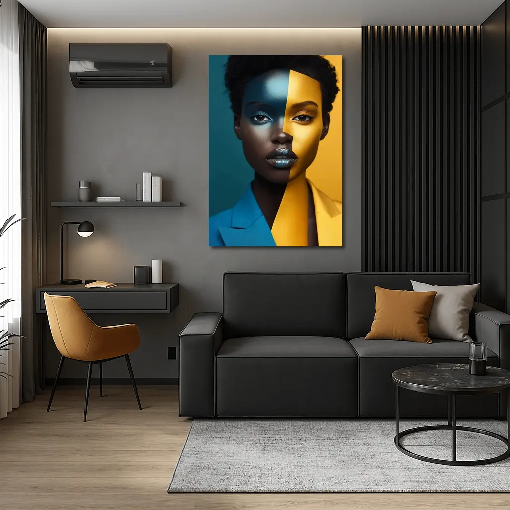 Bold Split Face Portrait Blue Yellow Fashion – Wall Art