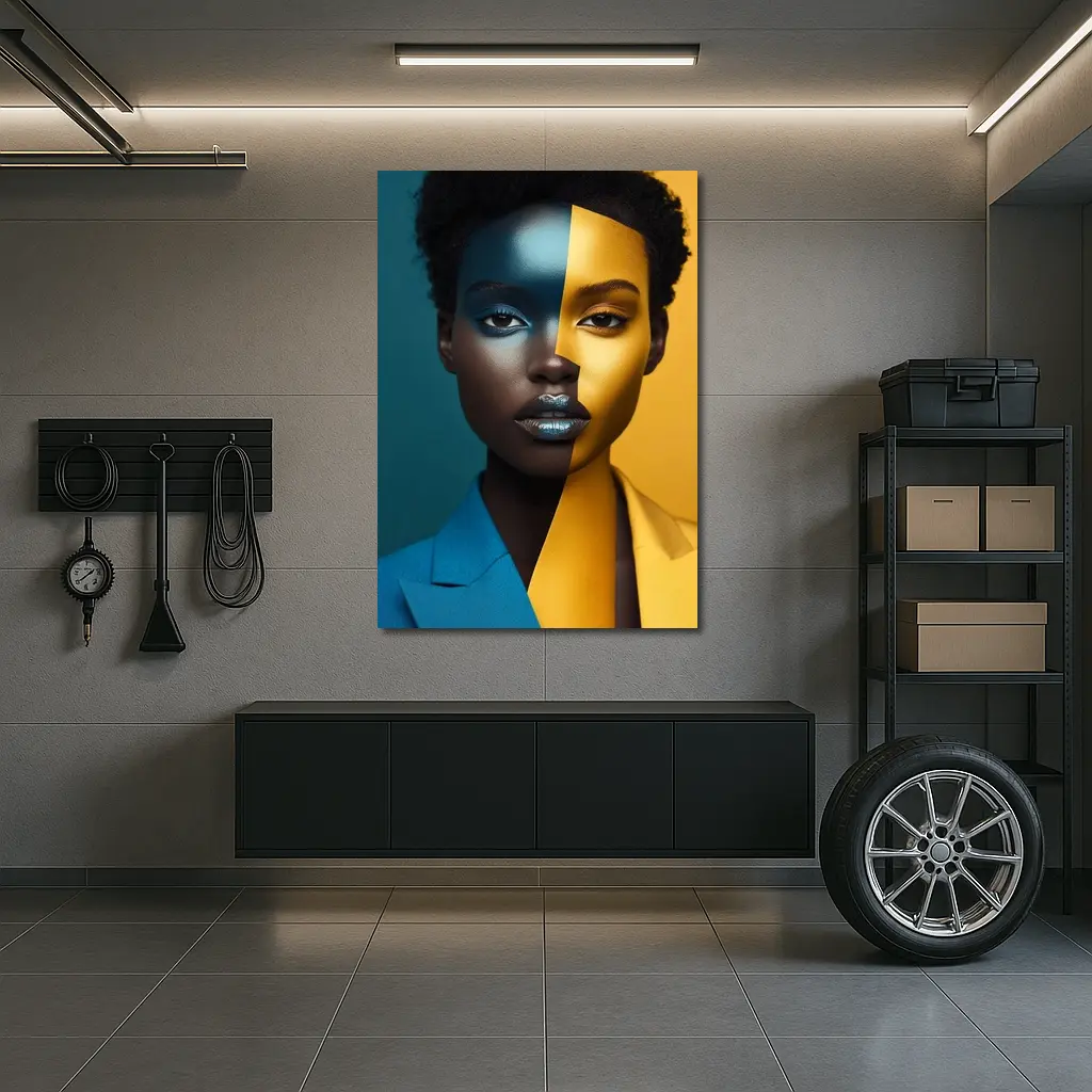 Bold Split Face Portrait Blue Yellow Fashion – Wall Art