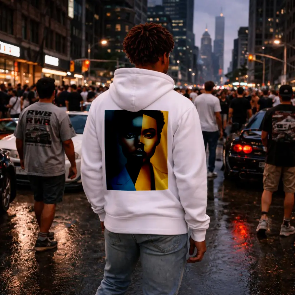 Bold Split Face Portrait Blue Yellow Fashion – Hoodies