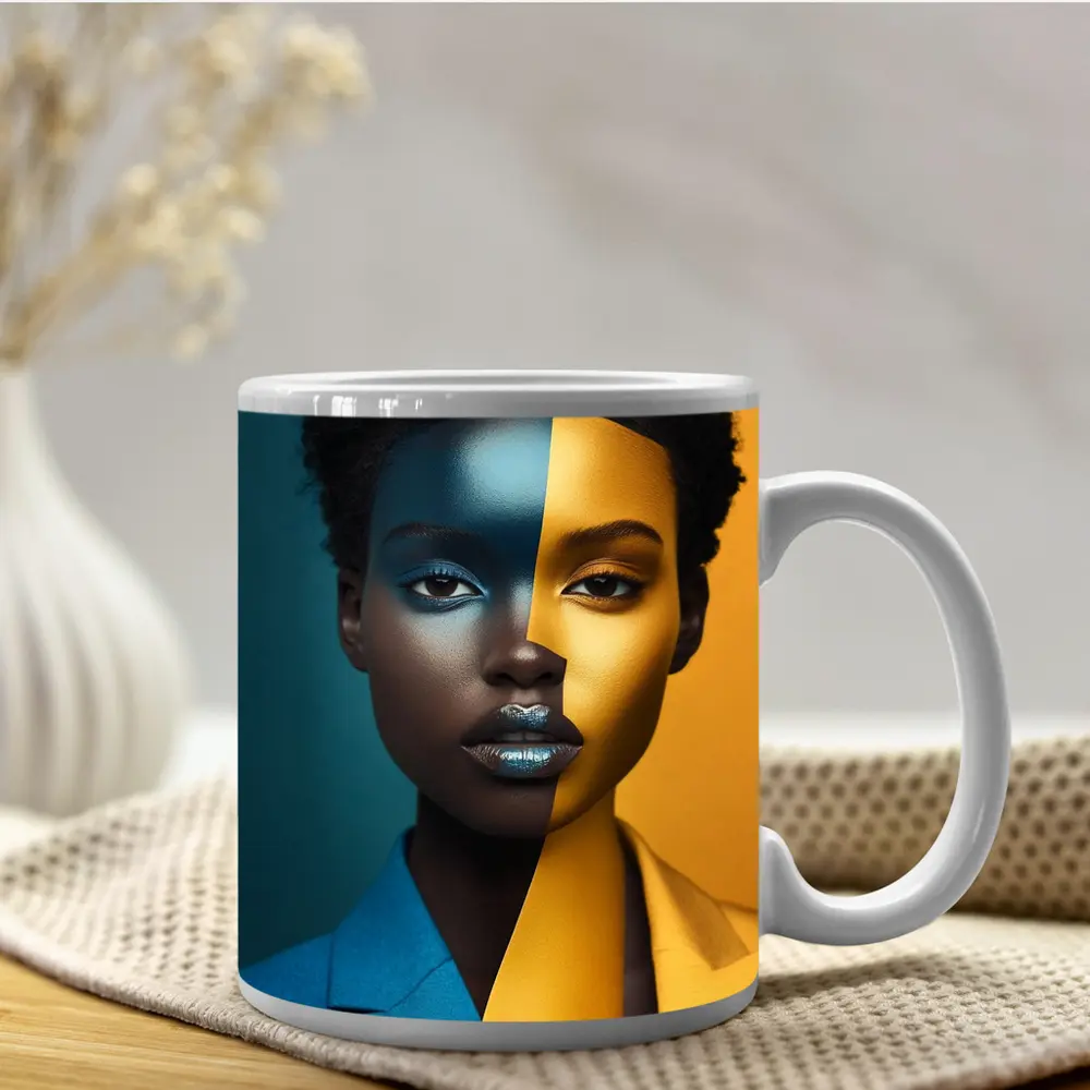 Bold Split Face Portrait Blue Yellow Fashion – Mugs