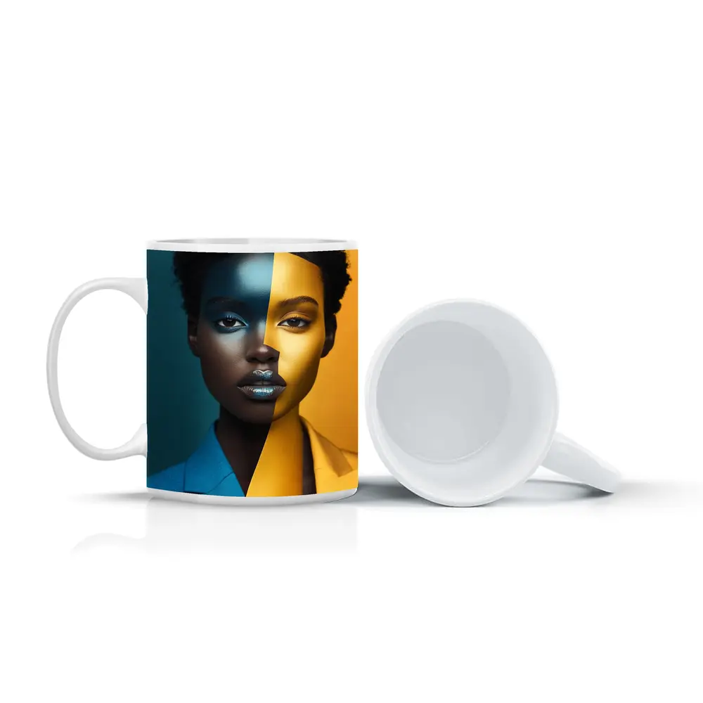 Bold Split Face Portrait Blue Yellow Fashion – Mugs