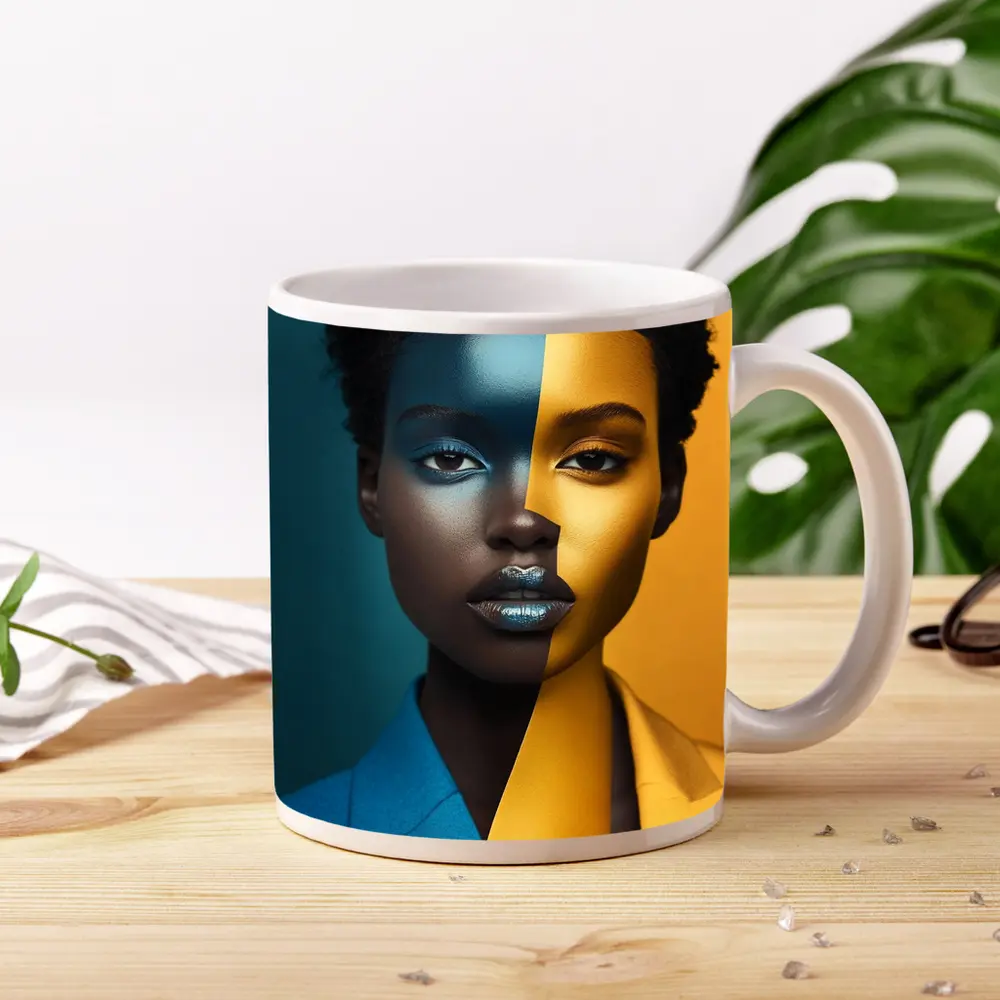 Bold Split Face Portrait Blue Yellow Fashion – Mugs