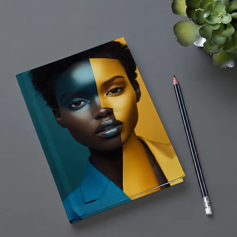 Bold Split Face Portrait Blue Yellow Fashion – Notebooks