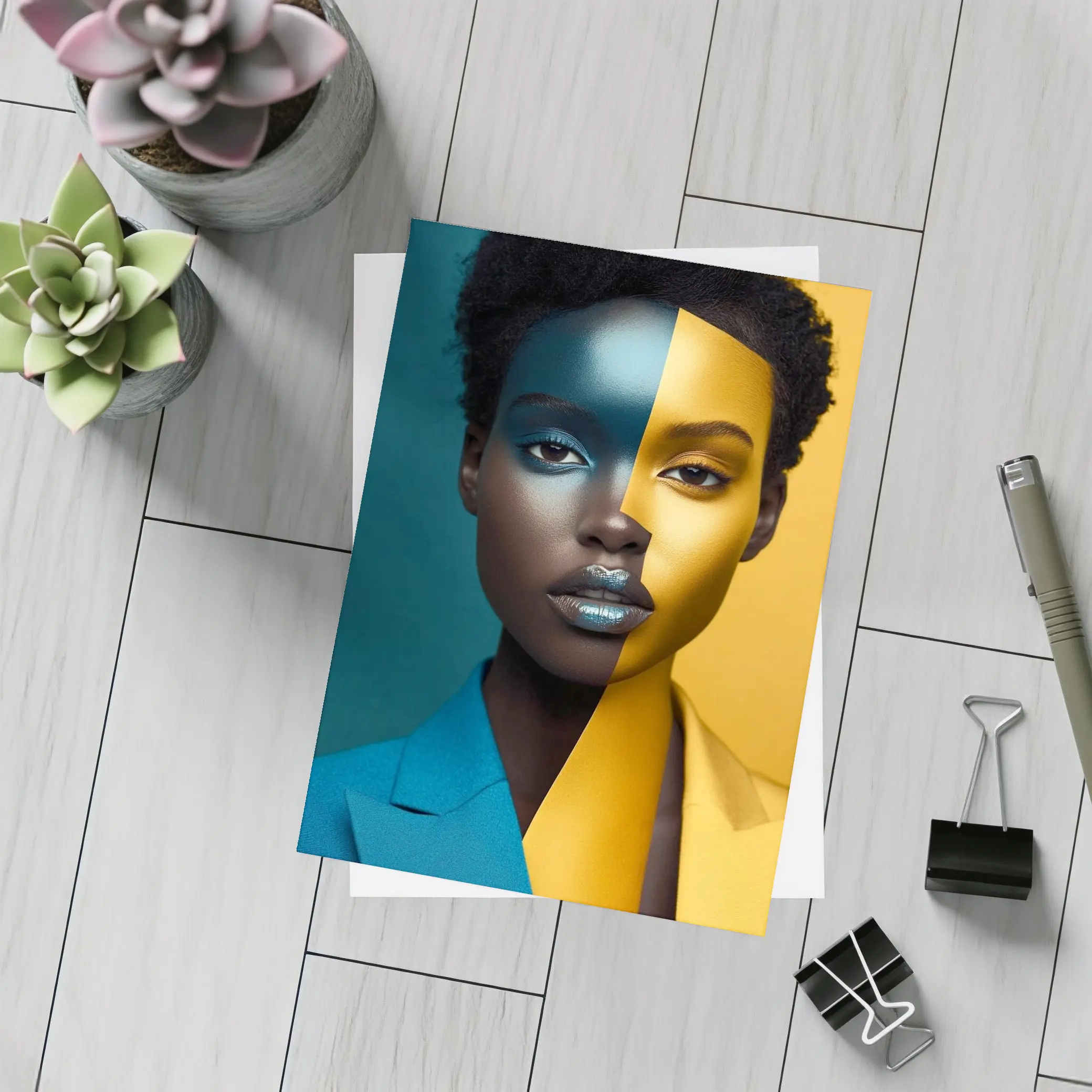 Bold Split Face Portrait Blue Yellow Fashion – Postcards