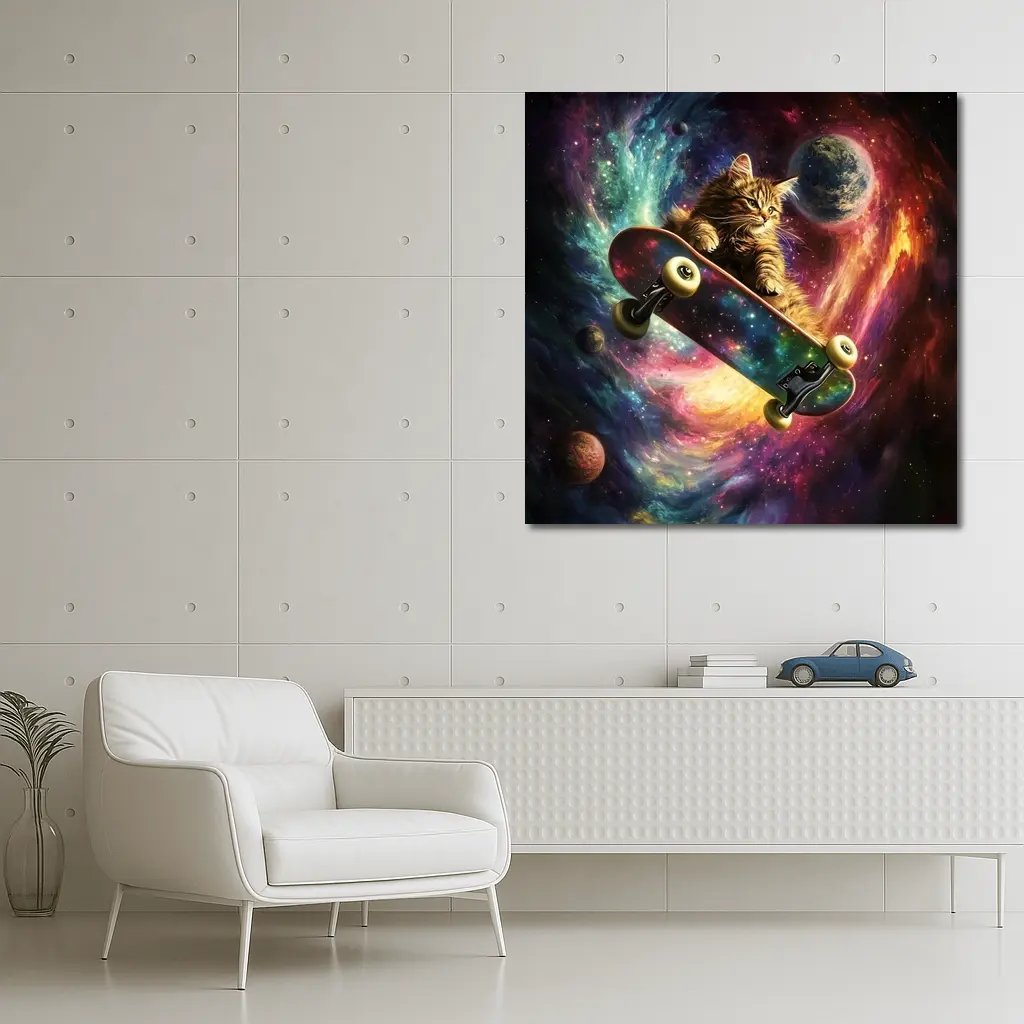 Kitten Riding Skateboard Through Colorful Galaxy – Wall Art