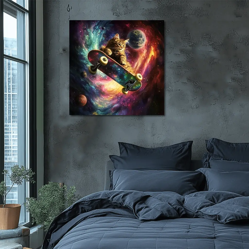 Kitten Riding Skateboard Through Colorful Galaxy – Wall Art
