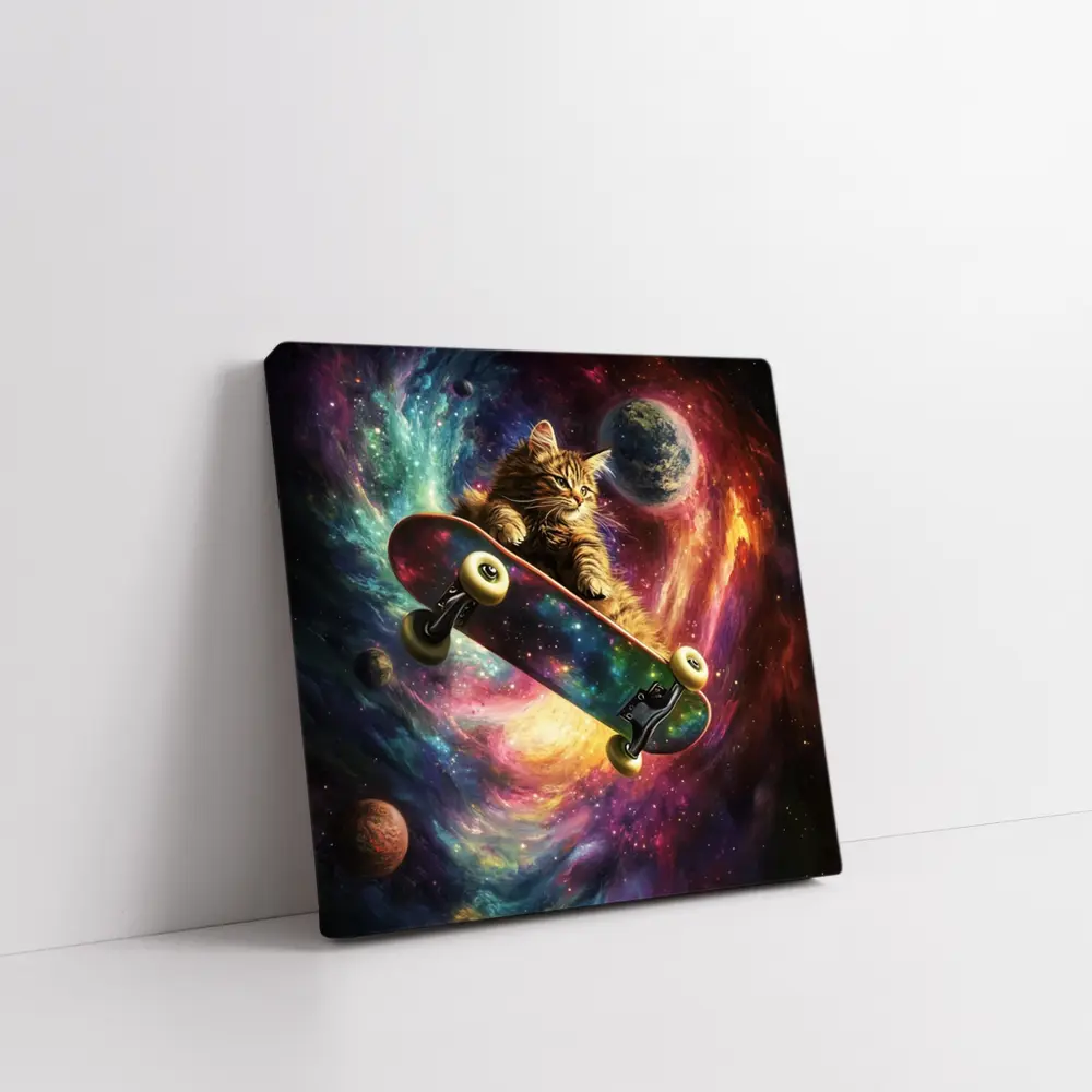 Kitten Riding Skateboard Through Colorful Galaxy – Wall Art