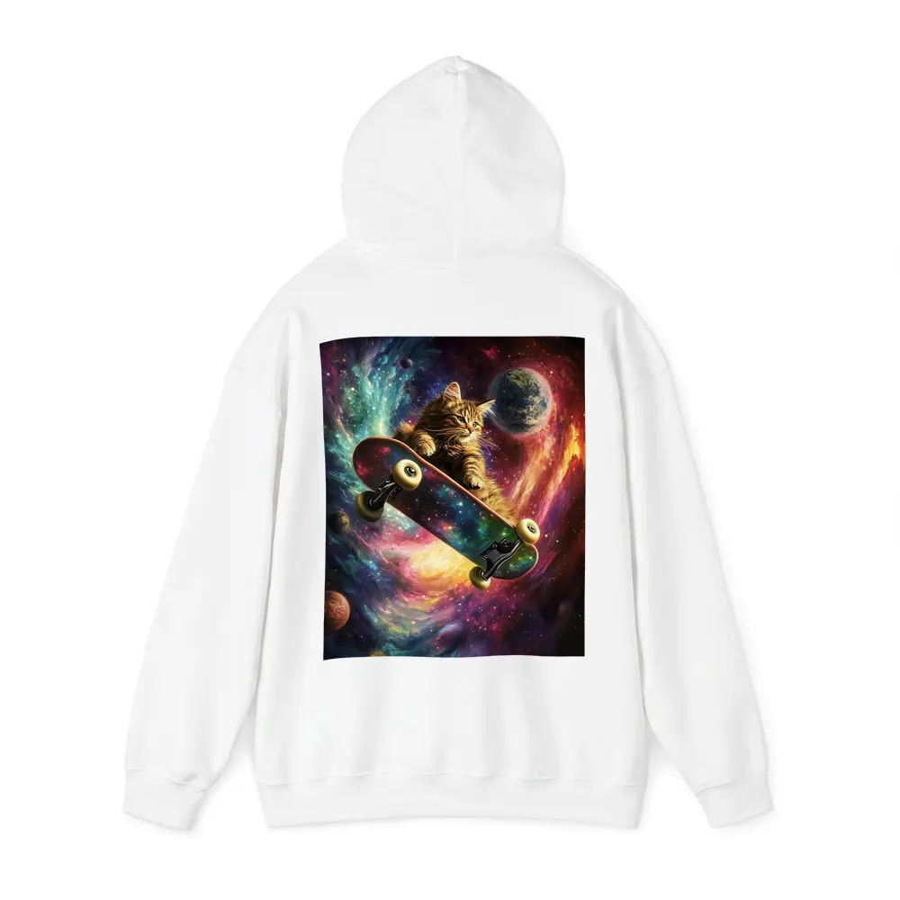 Kitten Riding Skateboard Through Colorful Galaxy – Hoodies