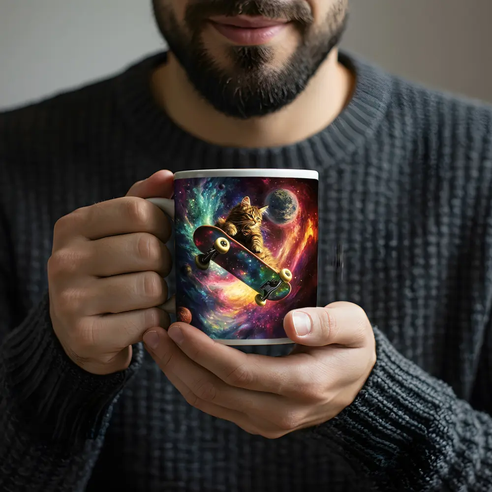 Kitten Riding Skateboard Through Colorful Galaxy – Mugs