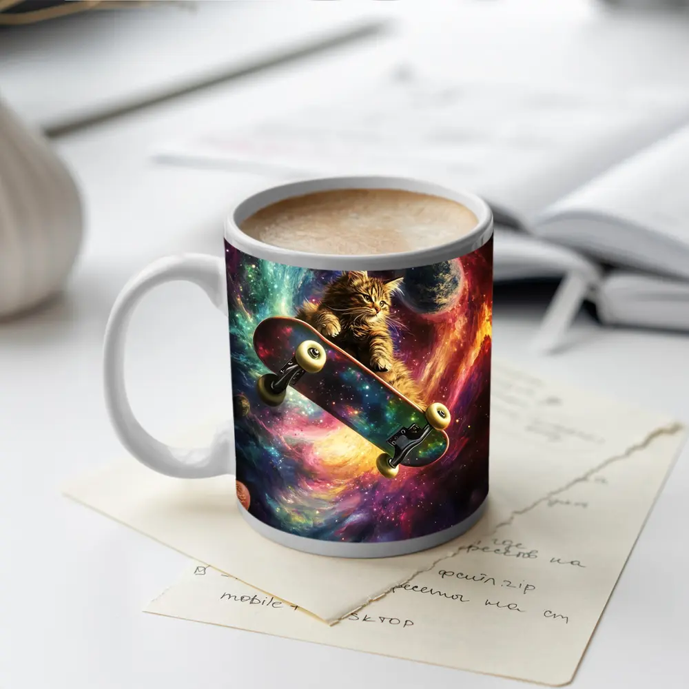 Kitten Riding Skateboard Through Colorful Galaxy – Mugs