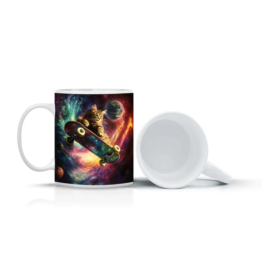 Kitten Riding Skateboard Through Colorful Galaxy – Mugs