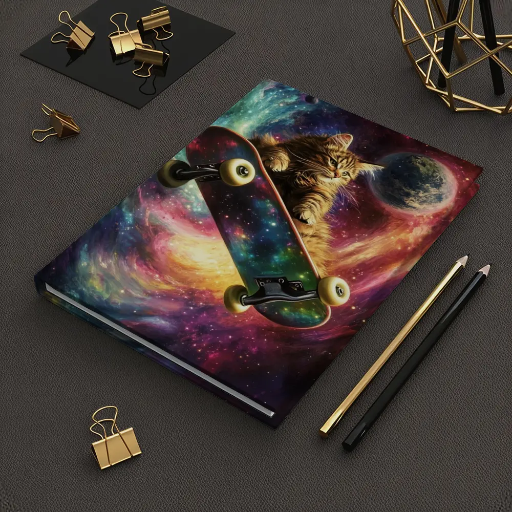 Kitten Riding Skateboard Through Colorful Galaxy – Notebooks