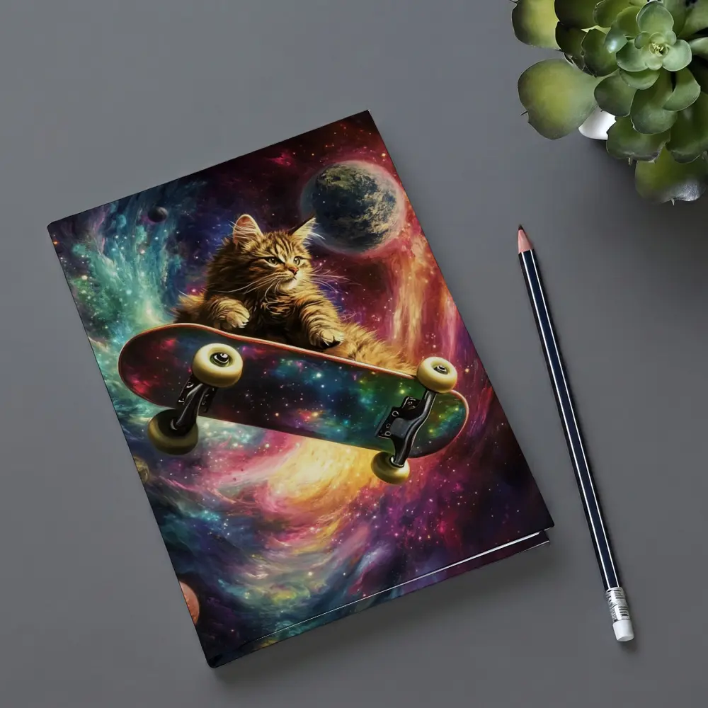 Kitten Riding Skateboard Through Colorful Galaxy – Notebooks