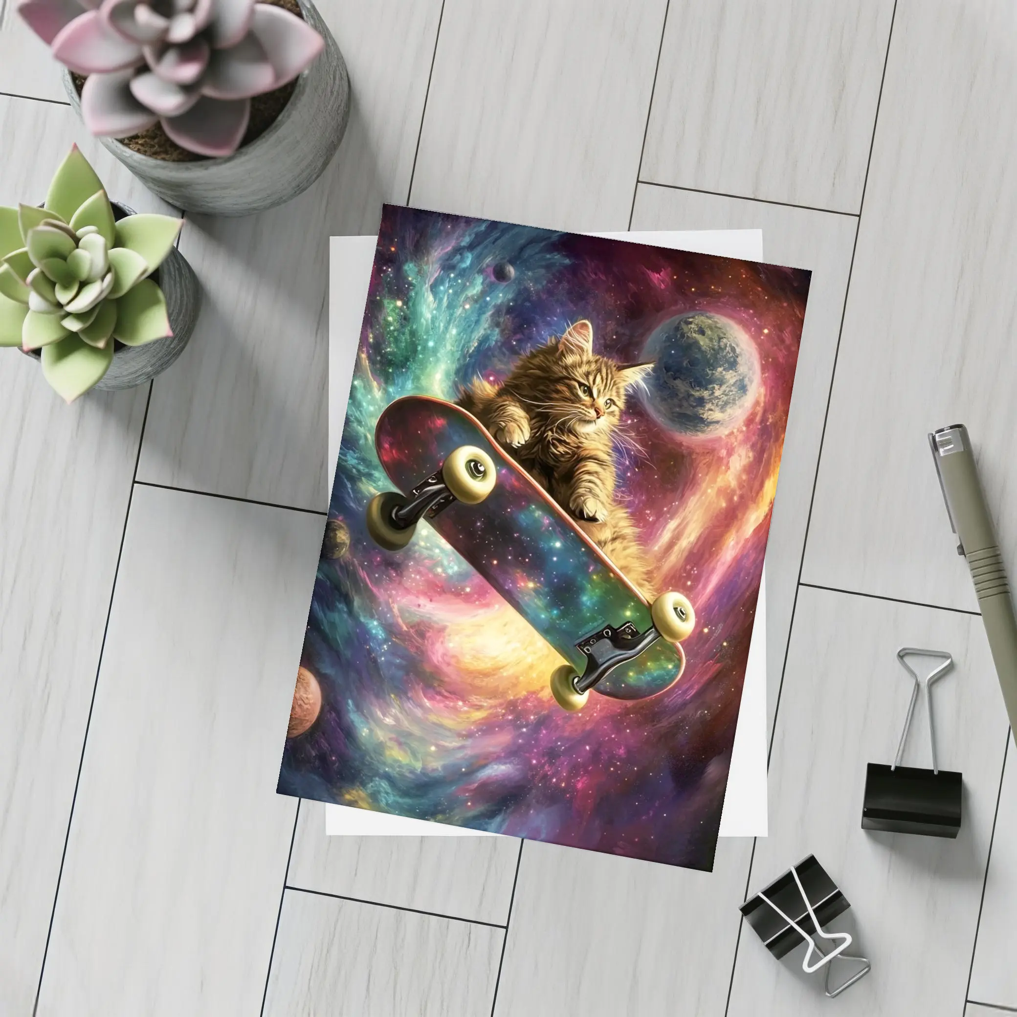 Kitten Riding Skateboard Through Colorful Galaxy – Postcards