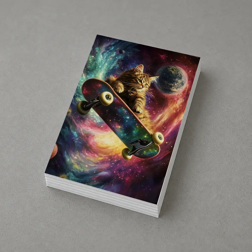 Kitten Riding Skateboard Through Colorful Galaxy – Postcards