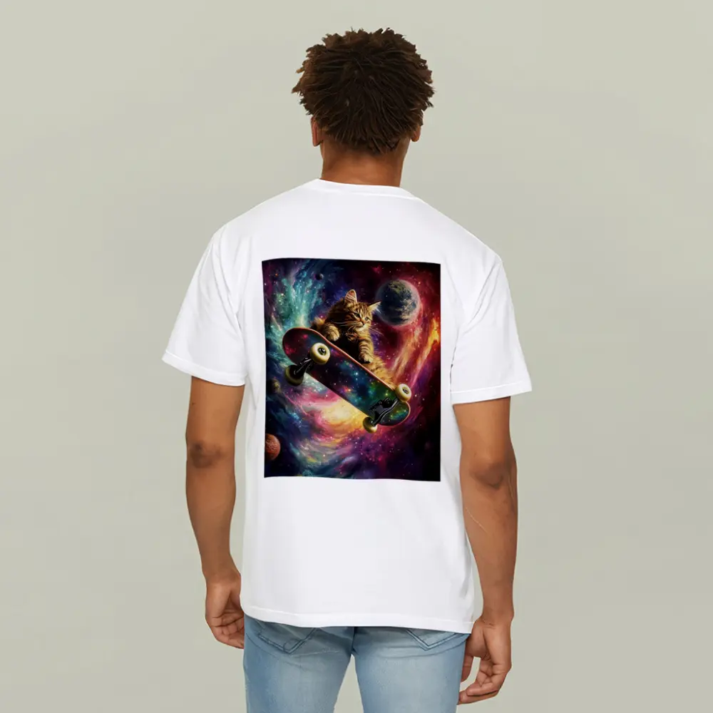 Kitten Riding Skateboard Through Colorful Galaxy – T-Shirts