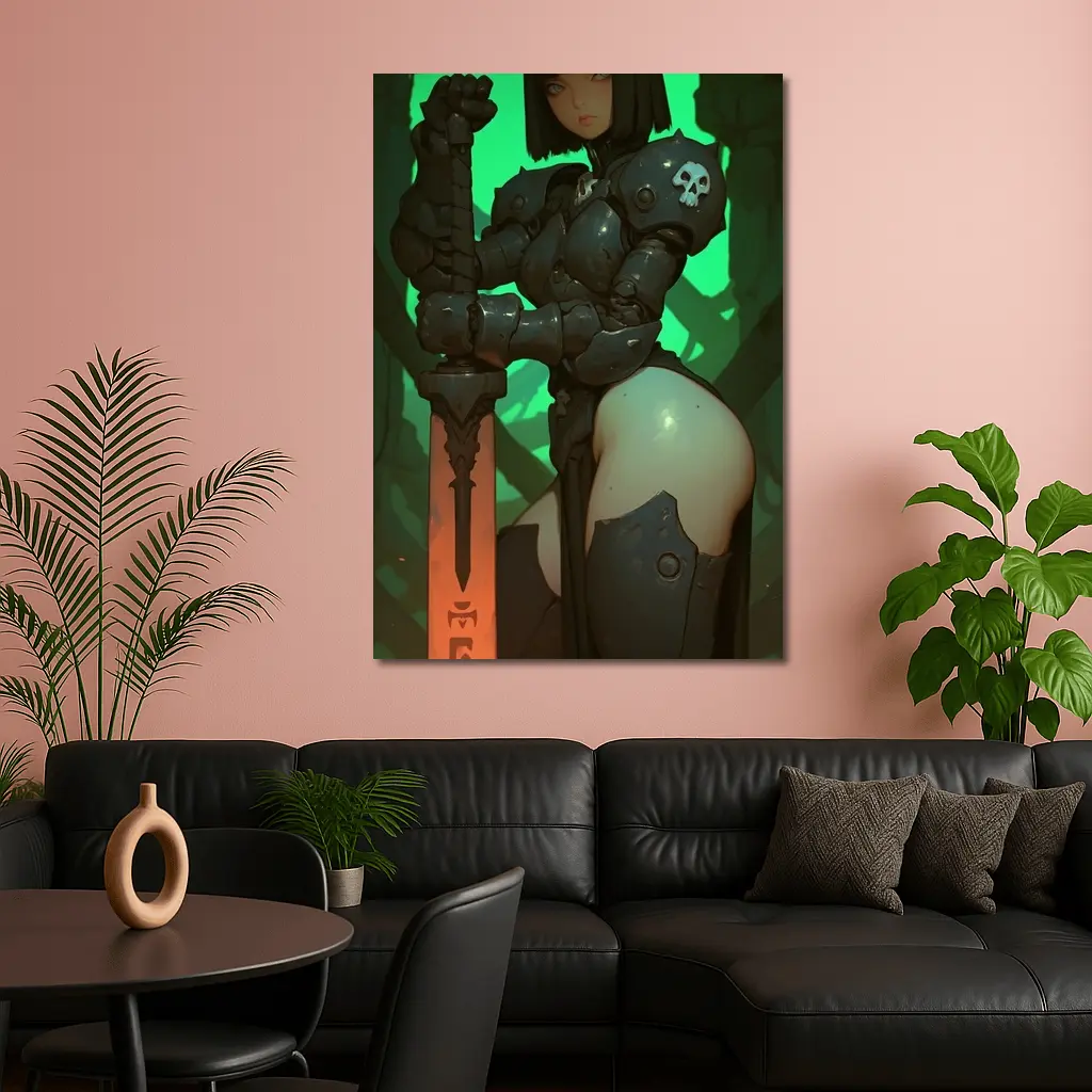 Dark Fantasy Warrior Woman Green Cave Background – Wall Art
