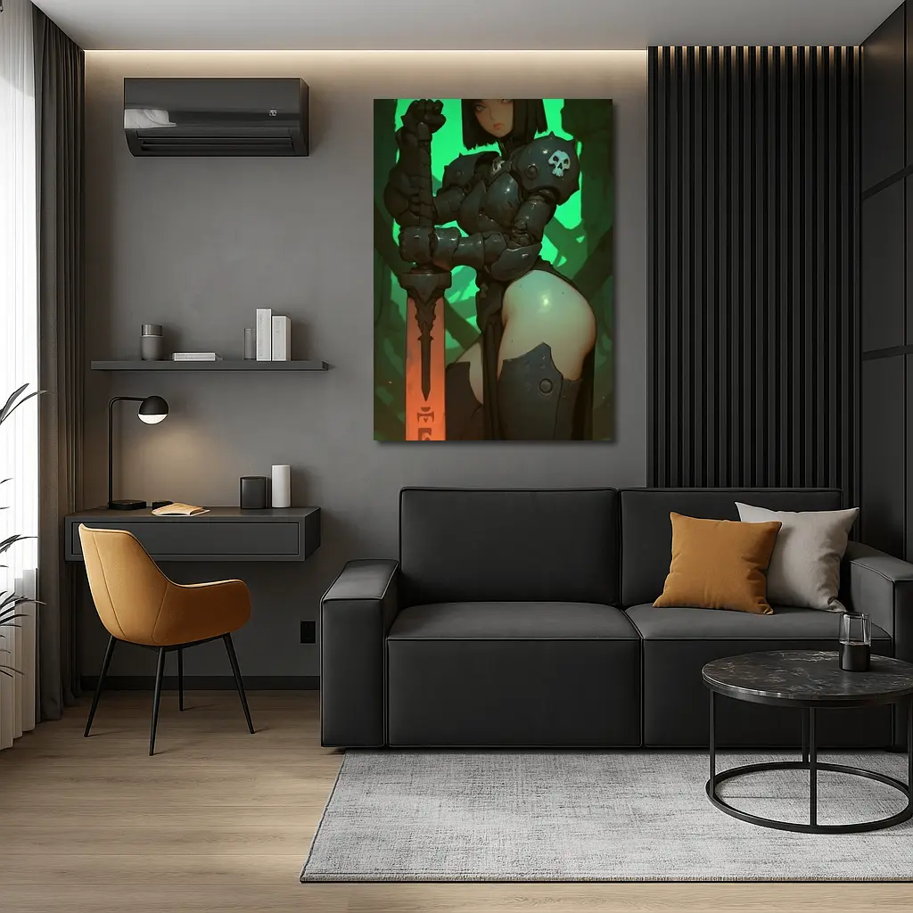 Dark Fantasy Warrior Woman Green Cave Background – Wall Art