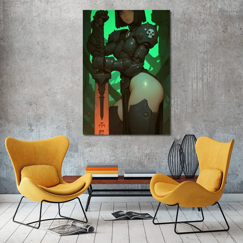 Dark Fantasy Warrior Woman Green Cave Background – Wall Art