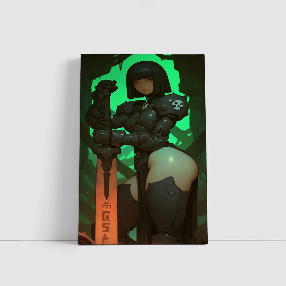 Dark Fantasy Warrior Woman Green Cave Background – Wall Art