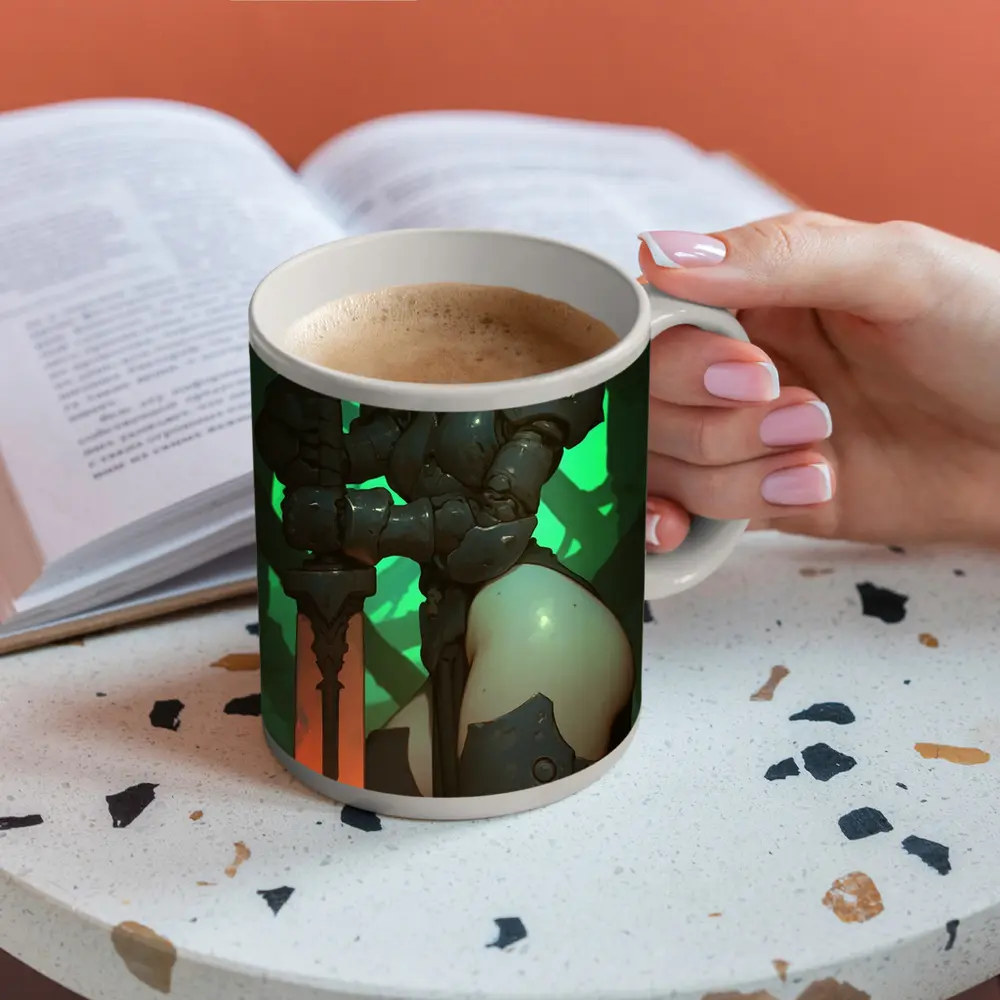 Dark Fantasy Warrior Woman Green Cave Background – Mugs