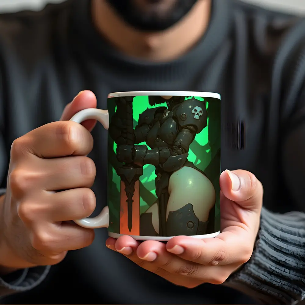 Dark Fantasy Warrior Woman Green Cave Background – Mugs