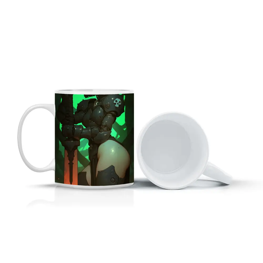 Dark Fantasy Warrior Woman Green Cave Background – Mugs