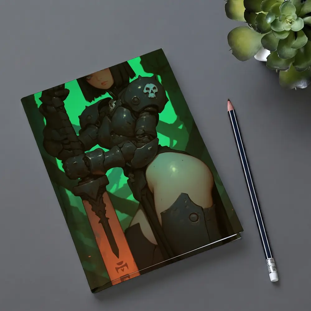 Dark Fantasy Warrior Woman Green Cave Background – Notebooks