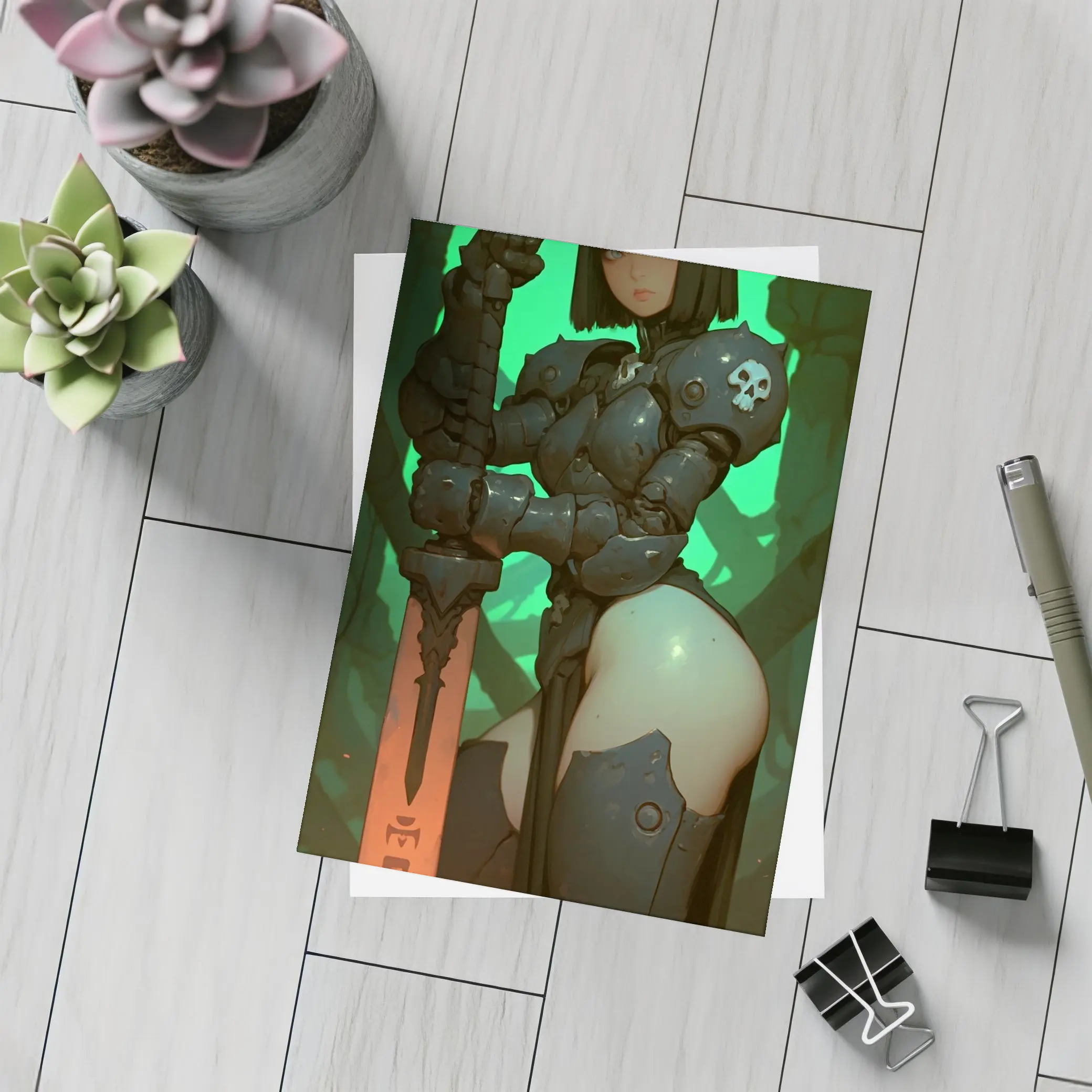 Dark Fantasy Warrior Woman Green Cave Background – Postcards