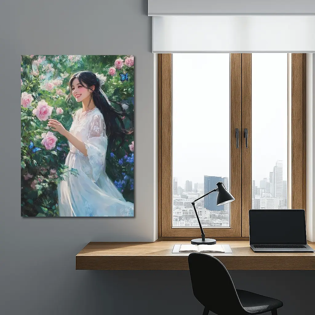 Young Woman Pink Roses Garden Blue Butterflies – Wall Art
