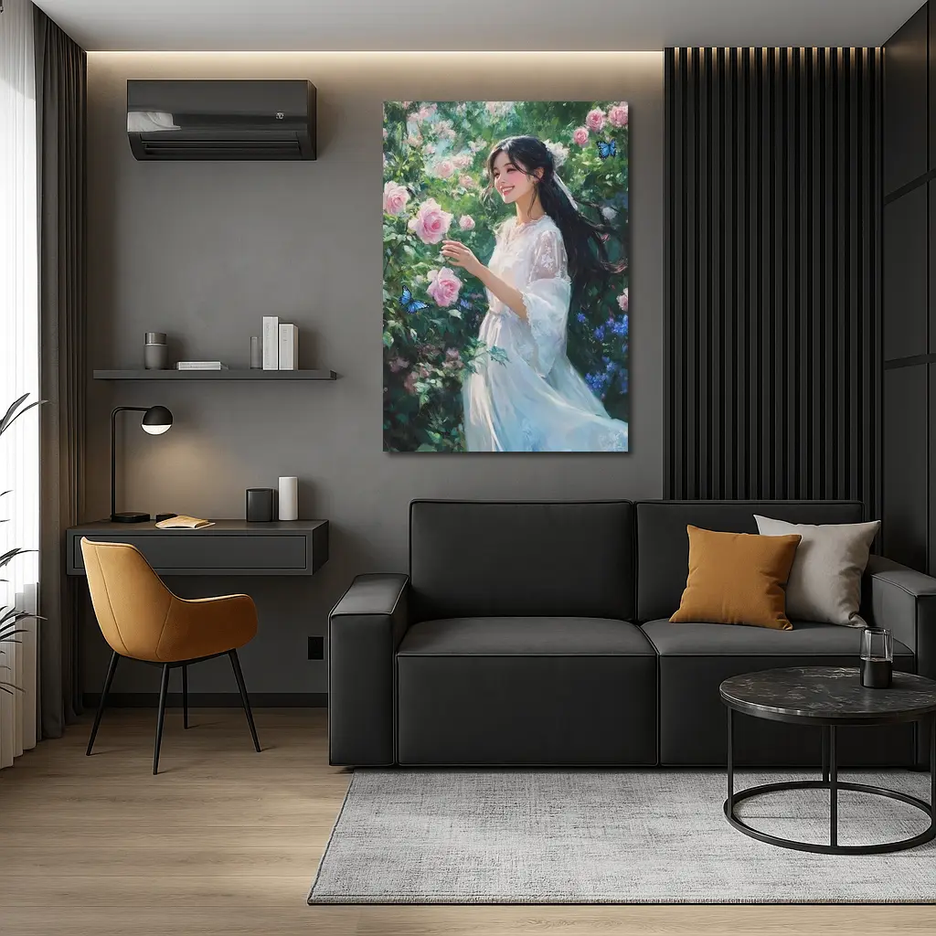 Young Woman Pink Roses Garden Blue Butterflies – Wall Art