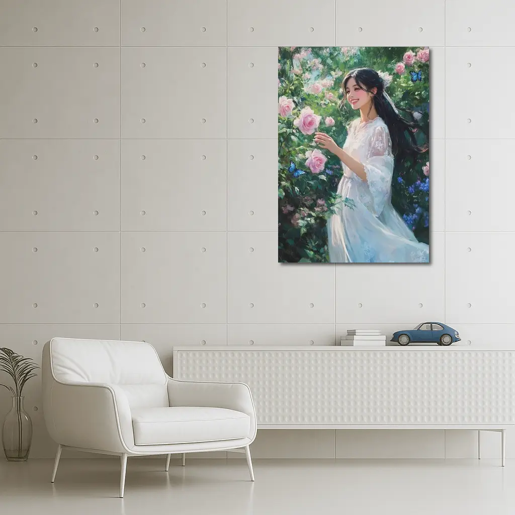 Young Woman Pink Roses Garden Blue Butterflies – Wall Art
