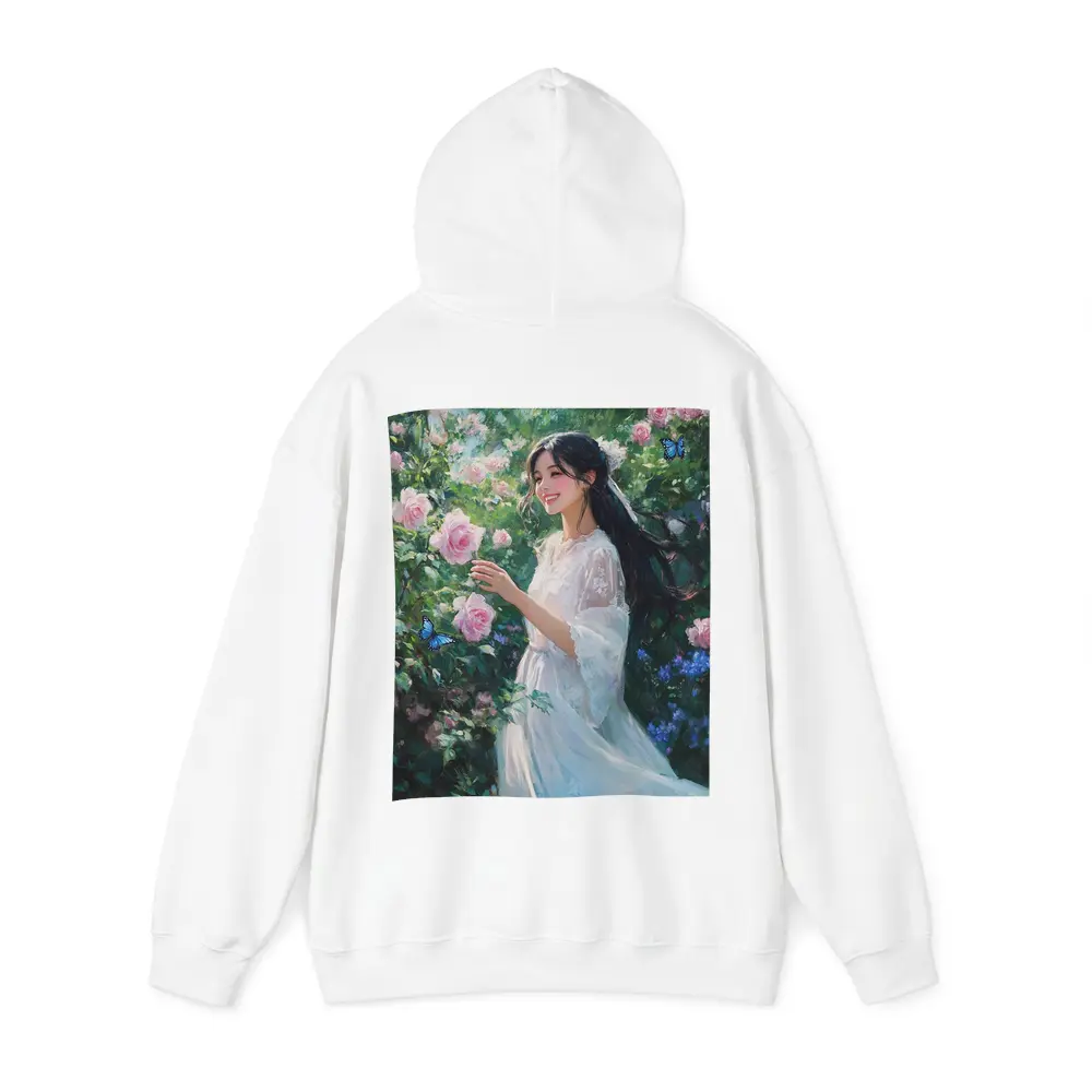 Young Woman Pink Roses Garden Blue Butterflies – Hoodies