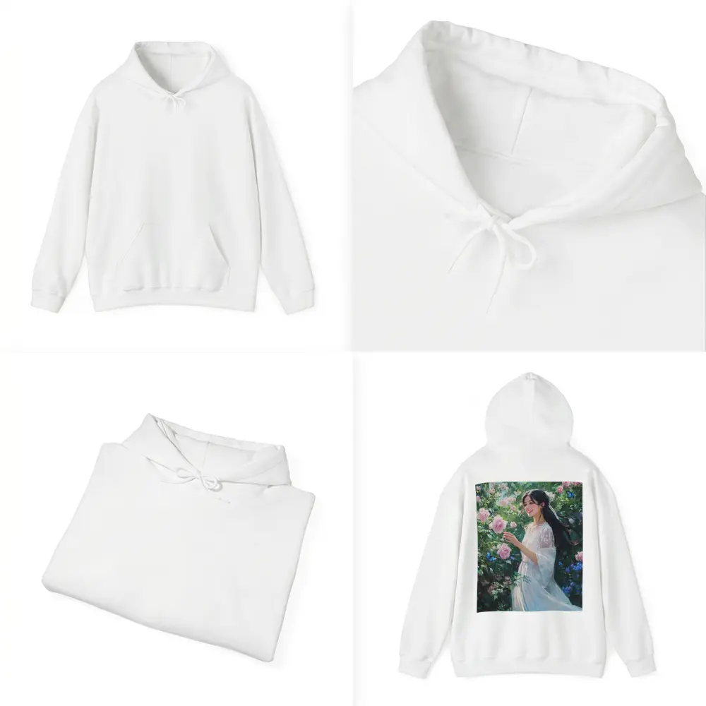 Young Woman Pink Roses Garden Blue Butterflies – Hoodies