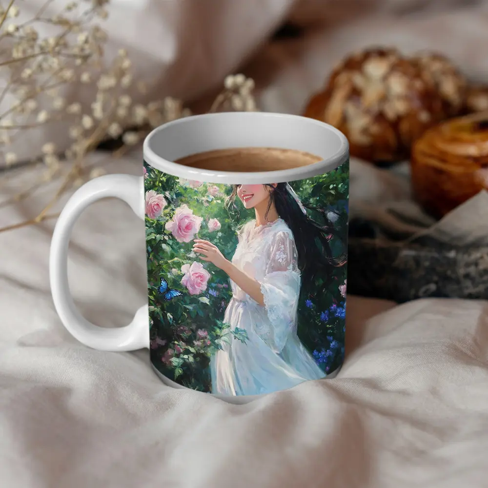 Young Woman Pink Roses Garden Blue Butterflies – Mugs