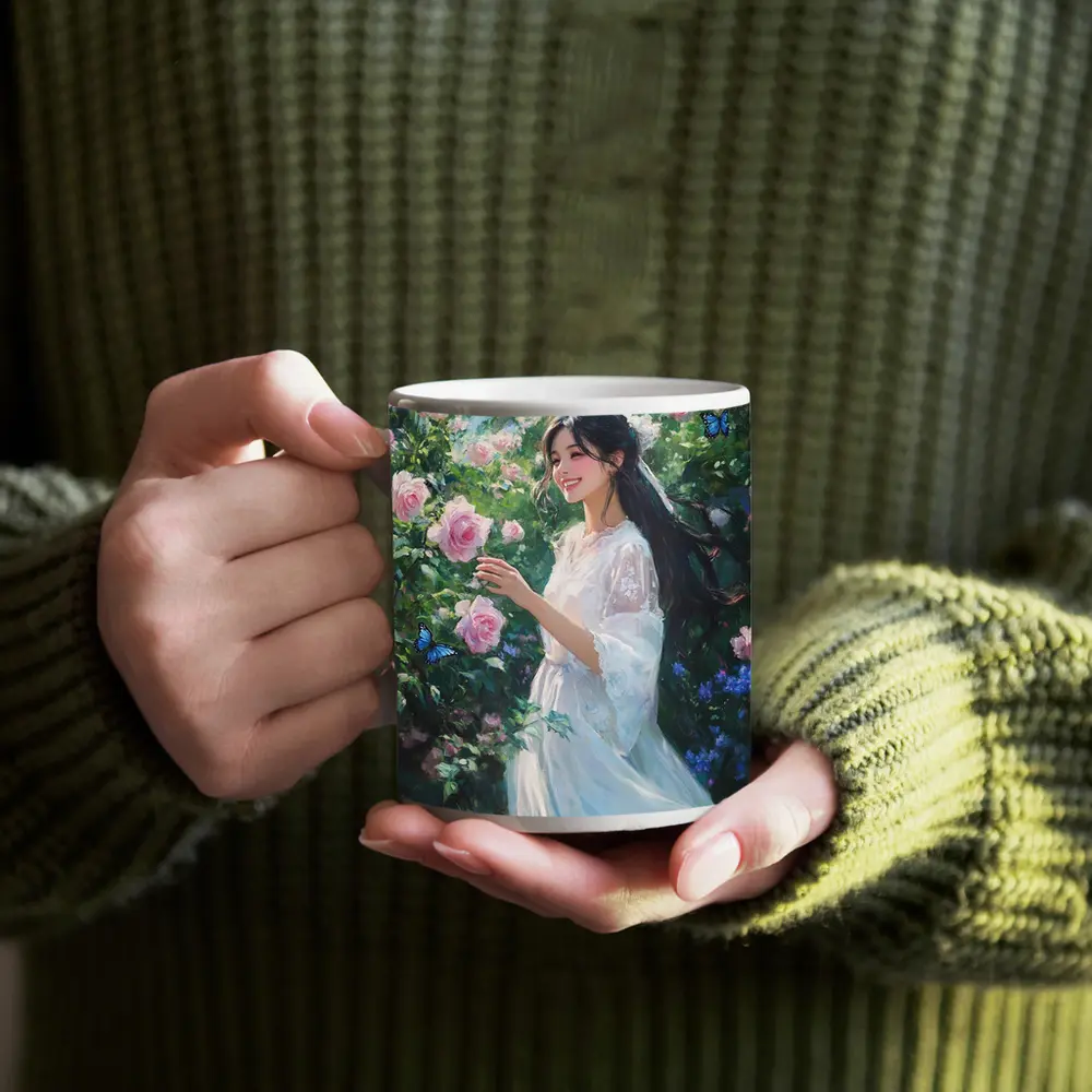 Young Woman Pink Roses Garden Blue Butterflies – Mugs