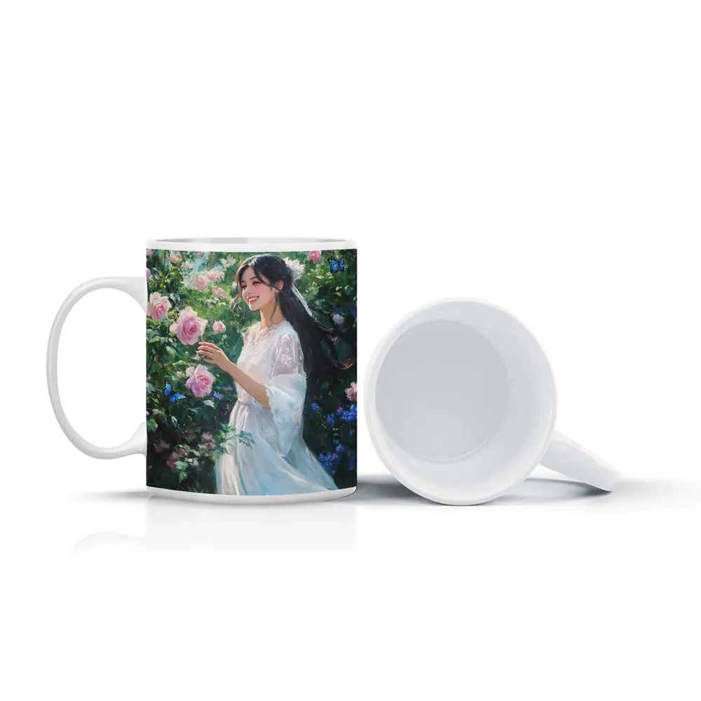 Young Woman Pink Roses Garden Blue Butterflies – Mugs