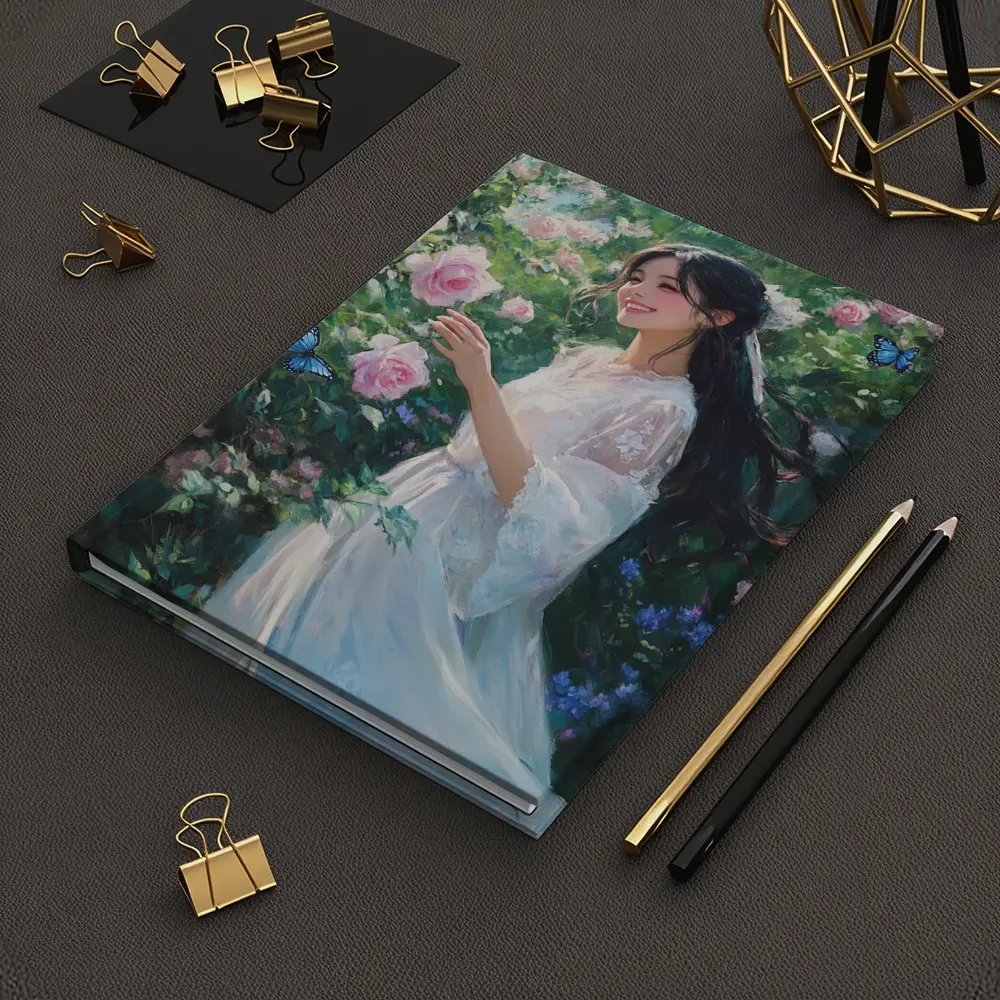 Young Woman Pink Roses Garden Blue Butterflies – Notebooks