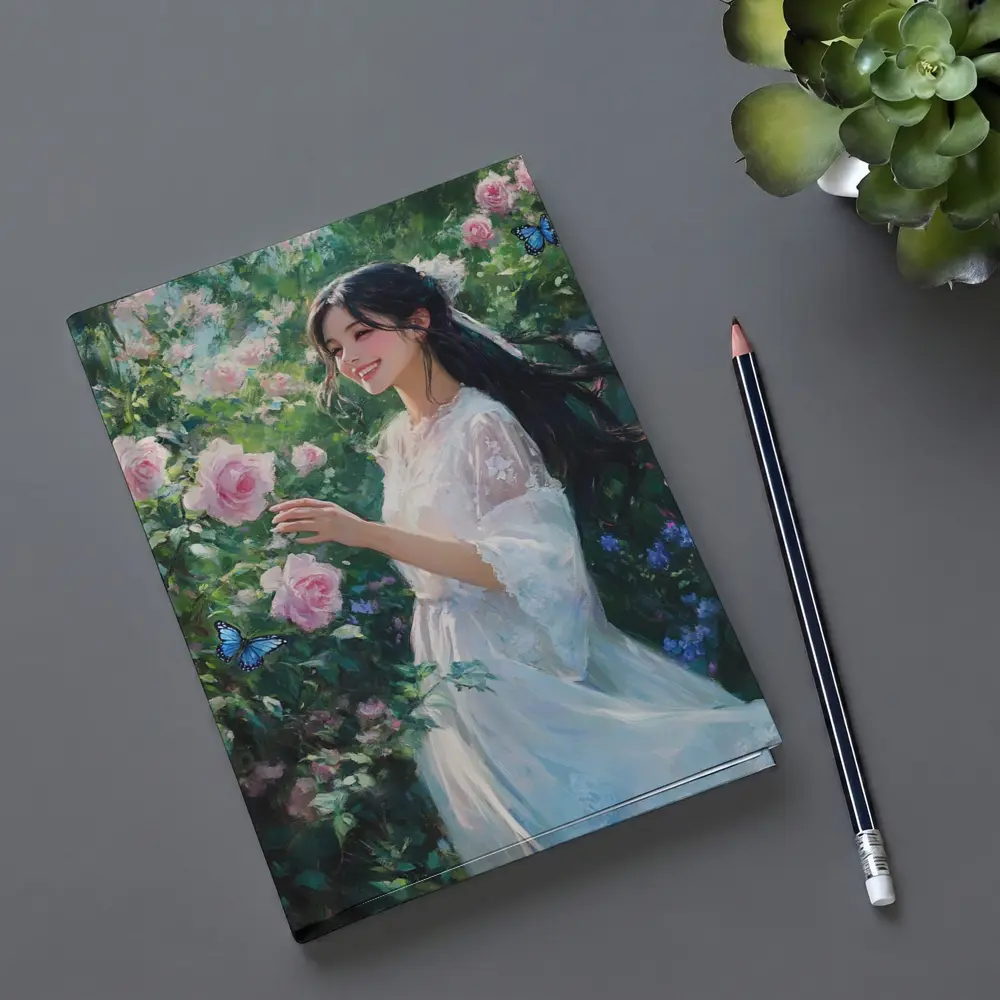 Young Woman Pink Roses Garden Blue Butterflies – Notebooks