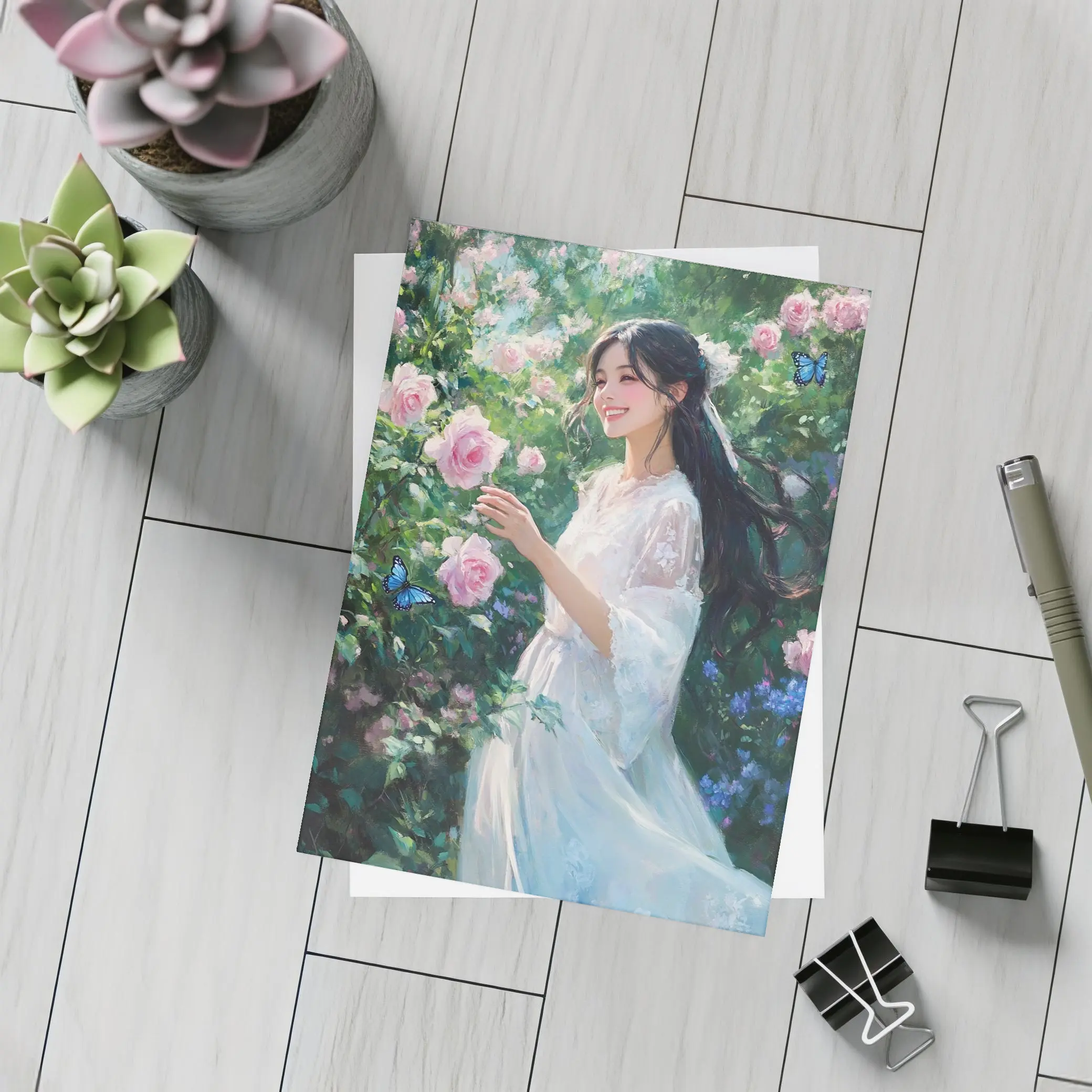 Young Woman Pink Roses Garden Blue Butterflies – Postcards