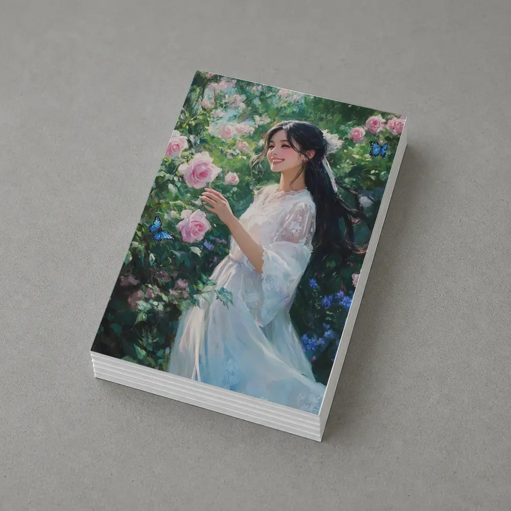 Young Woman Pink Roses Garden Blue Butterflies – Postcards