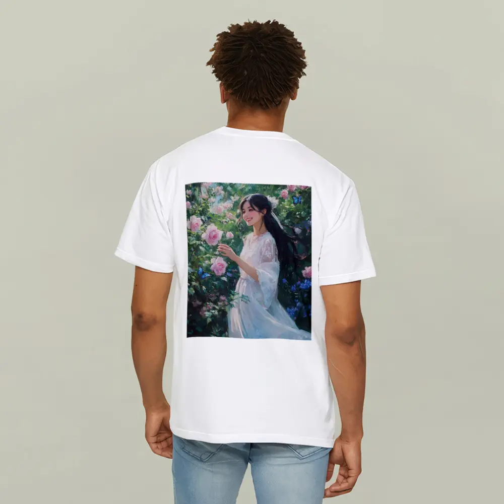 Young Woman Pink Roses Garden Blue Butterflies – T-Shirts
