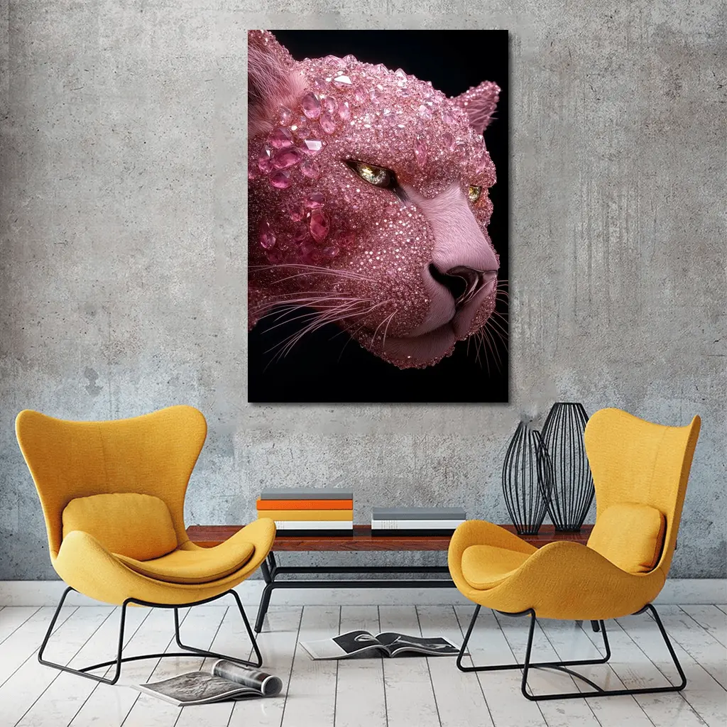 Pink Diamond Encrusted Panther Dark Background – Wall Art