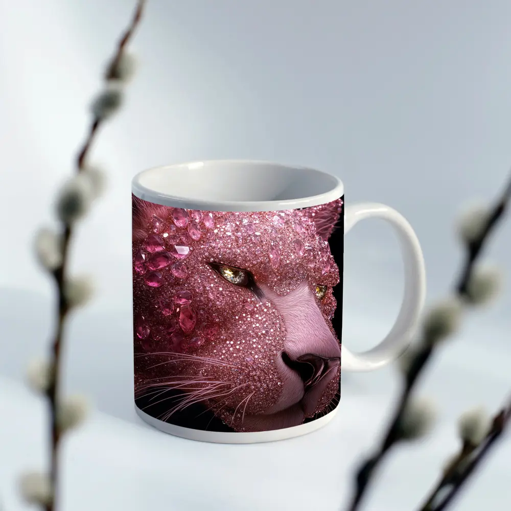 Pink Diamond Encrusted Panther Dark Background – Mugs