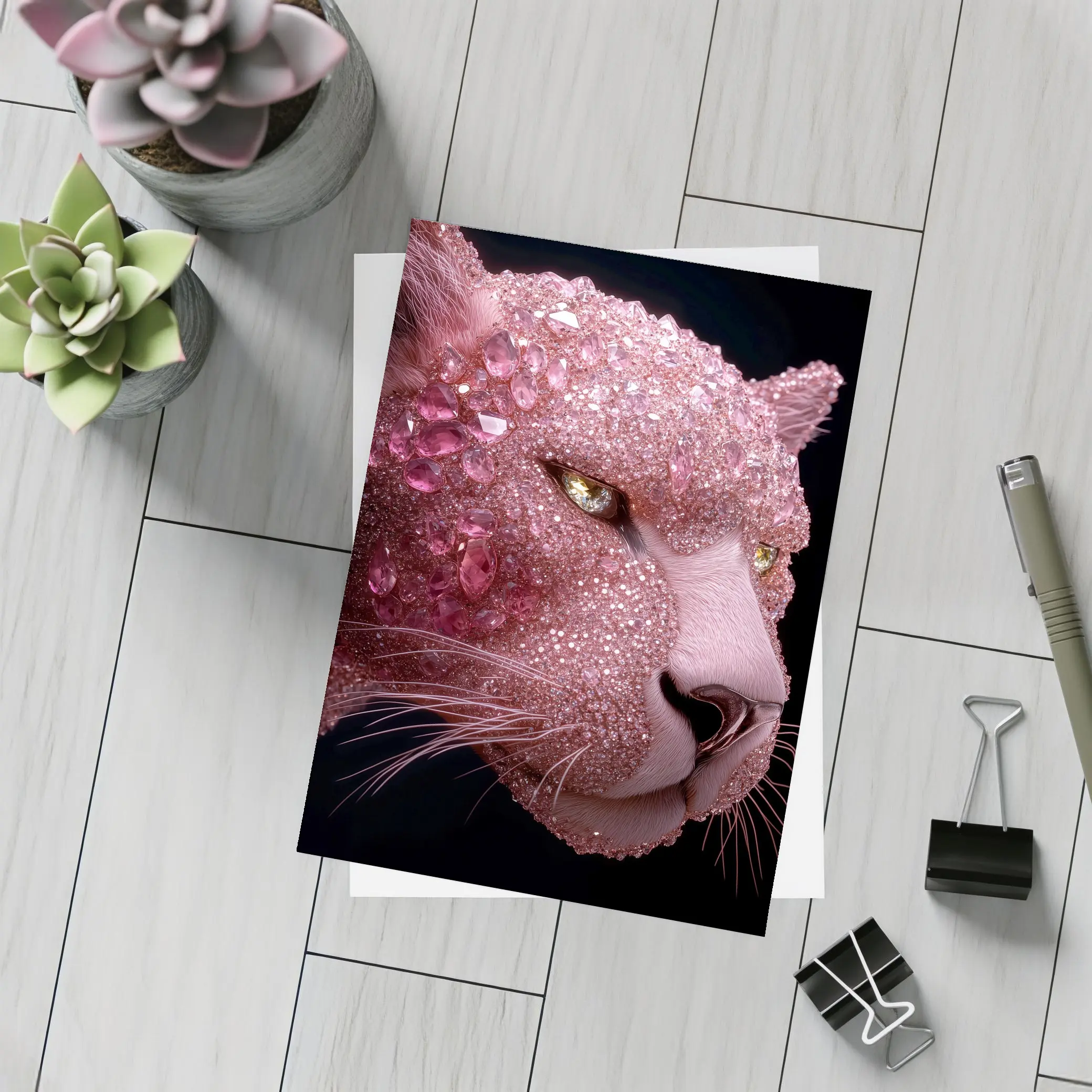 Pink Diamond Encrusted Panther Dark Background – Postcards