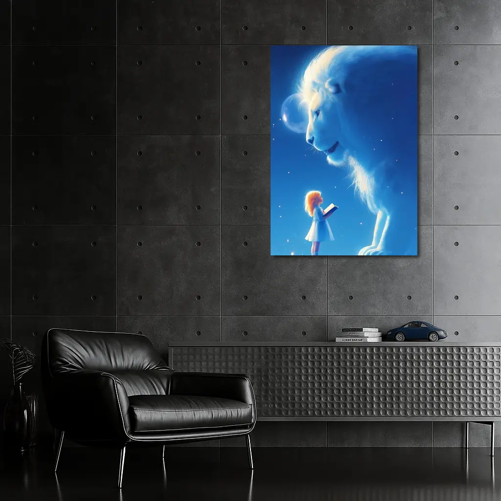 Girl and Glowing White Lion Blue Fantasy – Wall Art