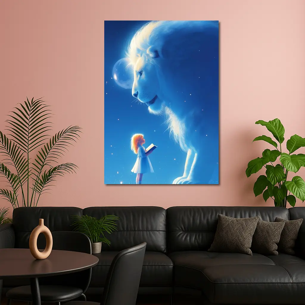 Girl and Glowing White Lion Blue Fantasy – Wall Art